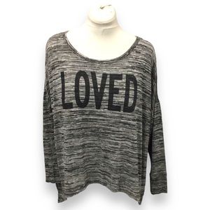 Bongo Plus Women’s Long Sleeve Knit Sweater Top - “LOVED”, Gray, size 2X
